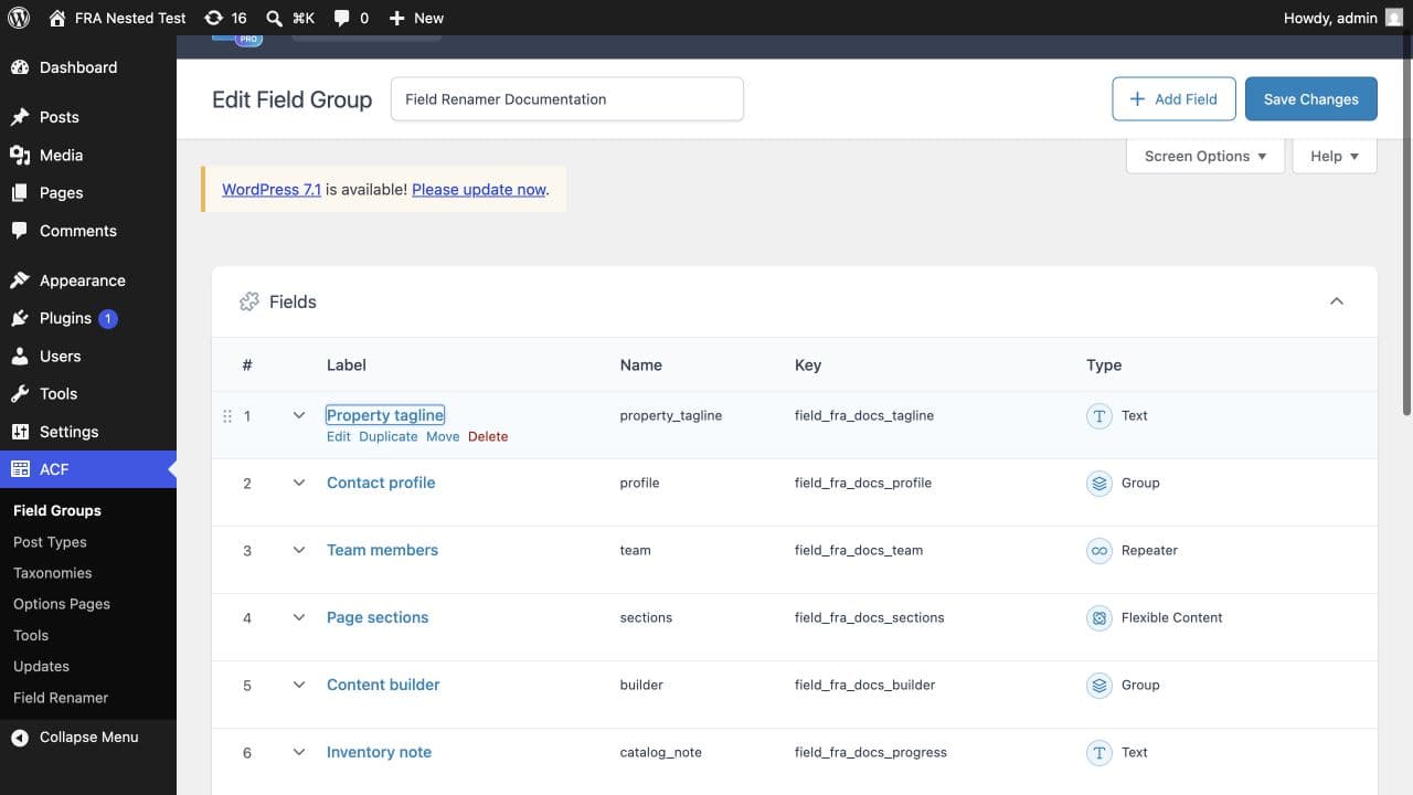 ACF field group editor showing the field name next to its stable field key