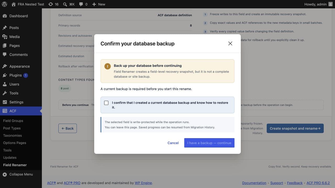 Required database backup confirmation before an ACF field rename