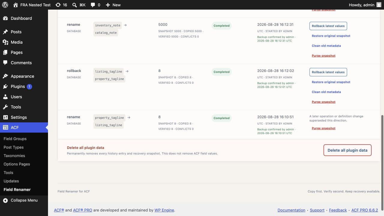 Field Renamer cleanup and data deletion controls in Migration History