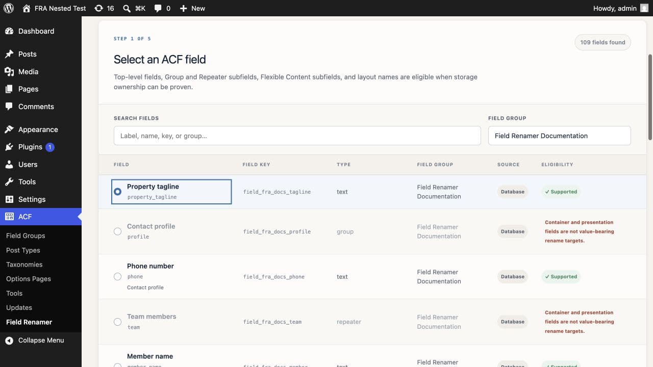 Eligible ACF Flexible Content subfield selected in Field Renamer
