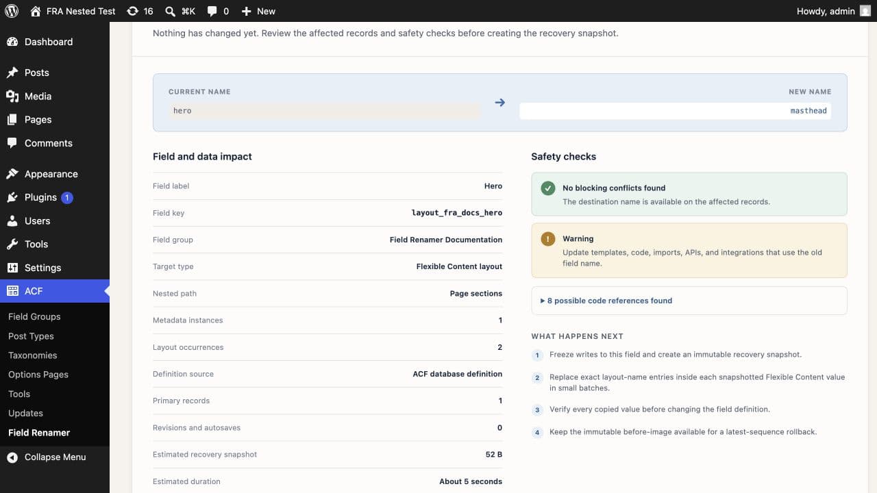 Impact review for an ACF Flexible Content layout-name rename