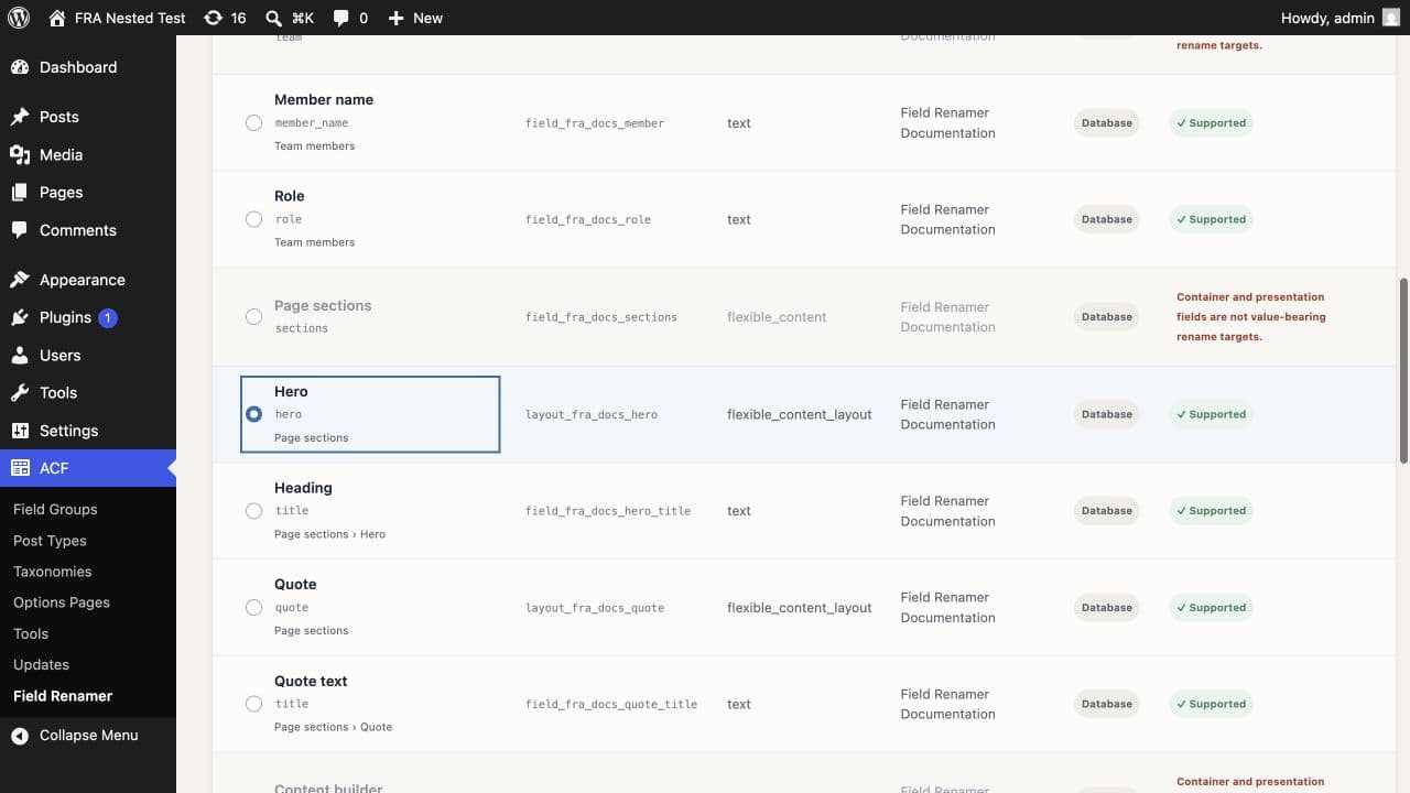 Flexible Content layout name selected as a rename target in Field Renamer