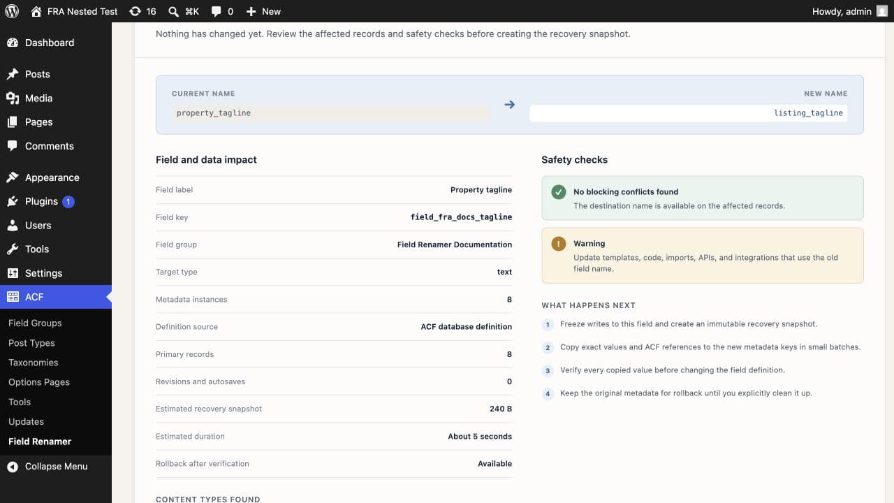Impact review for an ACF Repeater subfield rename with post and metadata instance counts