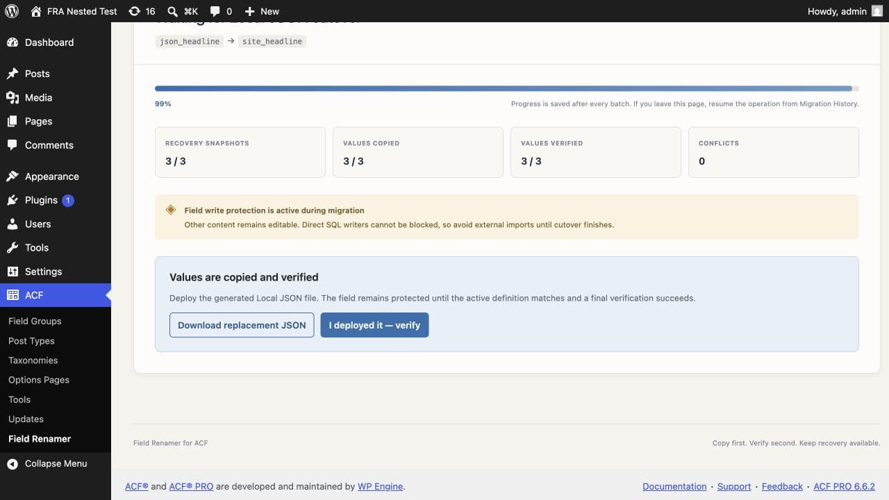 Field Renamer waiting at Local JSON cutover for the deployed definition to be verified