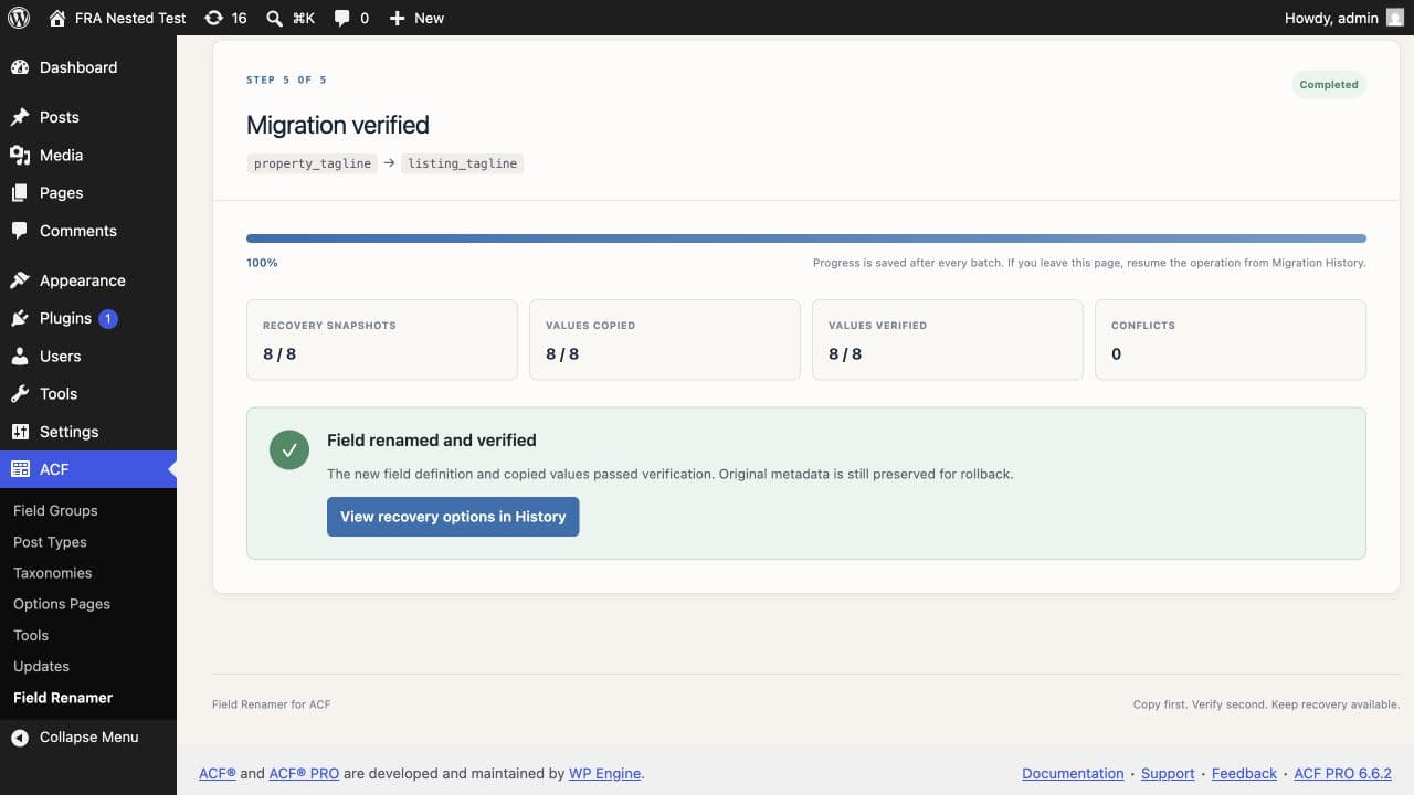 Completed ACF Group subfield migration with snapshot copy and verification counts