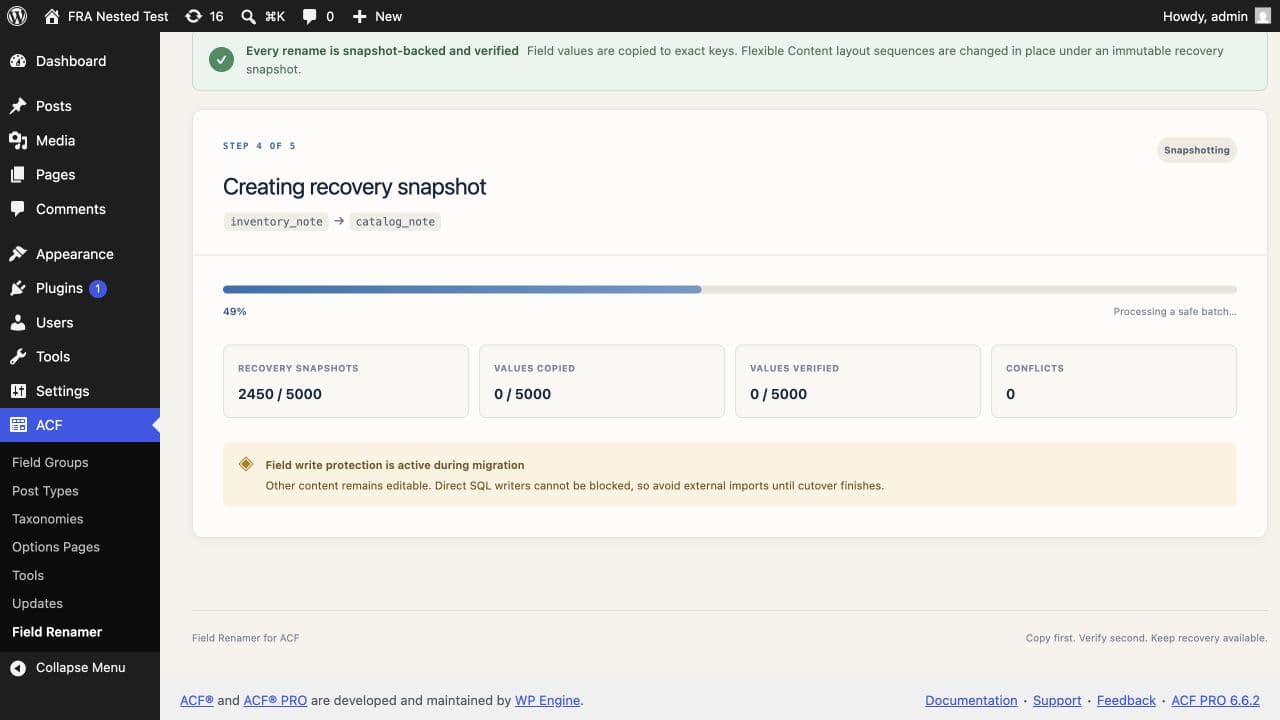 Batched migration progress for an ACF Flexible Content subfield