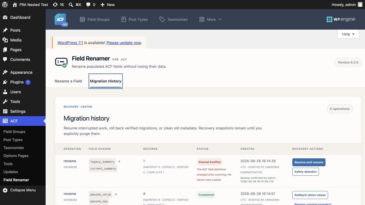 Paused migration row with its error and recovery actions
