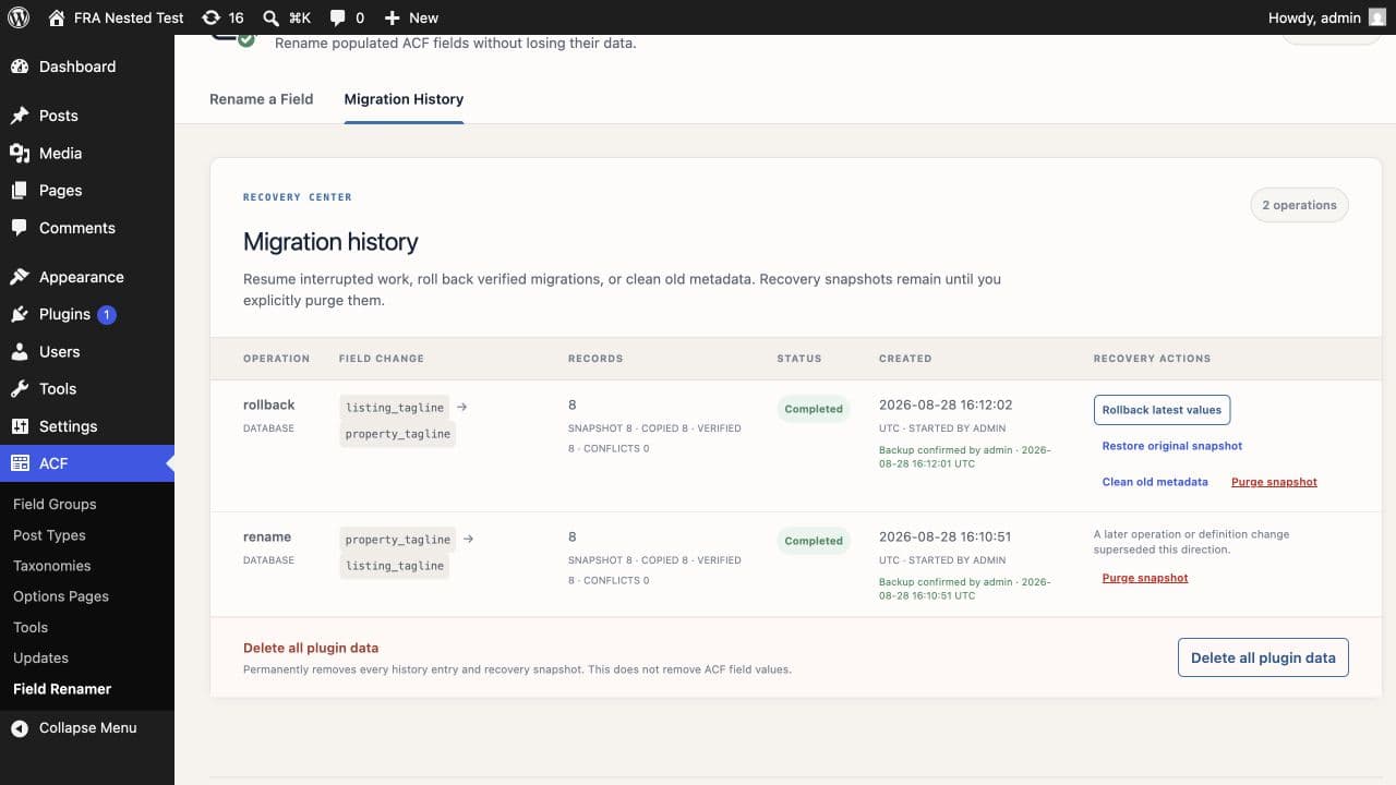 Completed rollback with snapshots, copied values, and verification counts