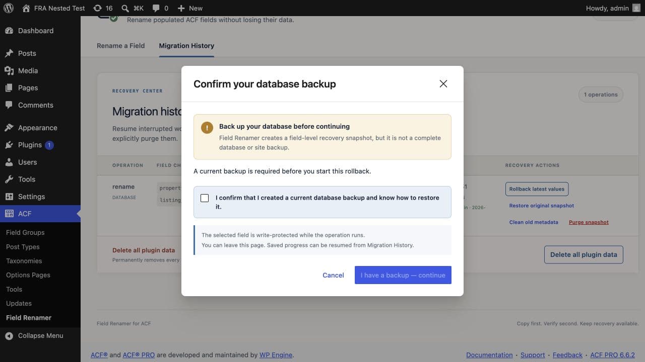 Rollback confirmation for an ACF Flexible Content layout-name rename