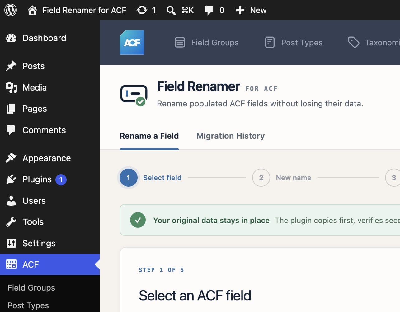 Field Renamer version 0.1.0 field selection screen inside WordPress and ACF